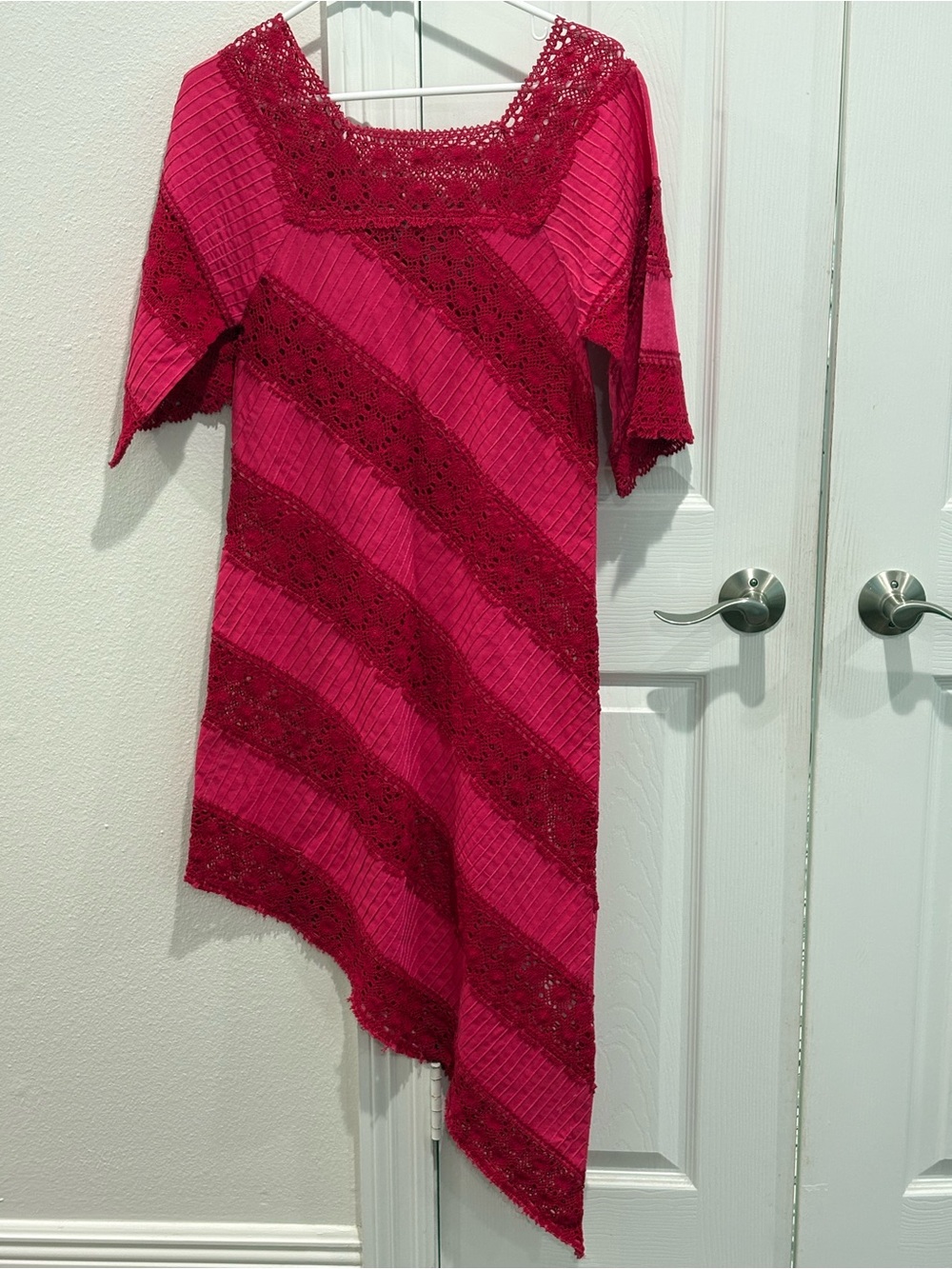 Vintage Asymmetrical Magenta & Deep Rose Crochet Knit Dress Boho Size 32 or 3/4